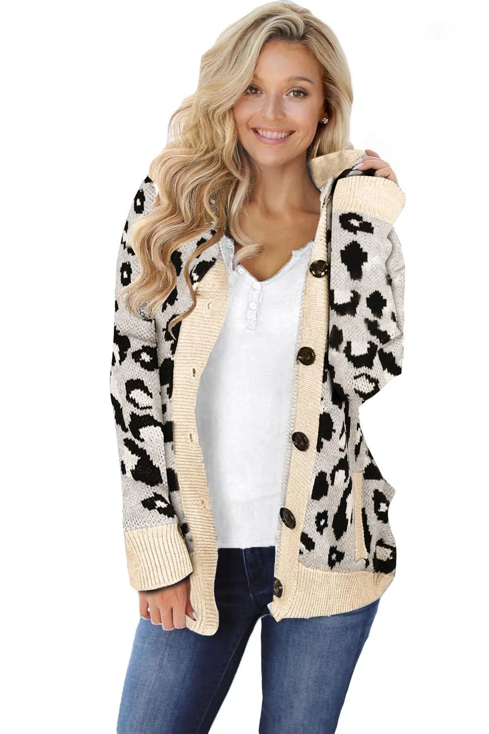 Beige Leopard Print Buttoned Winter Sweater