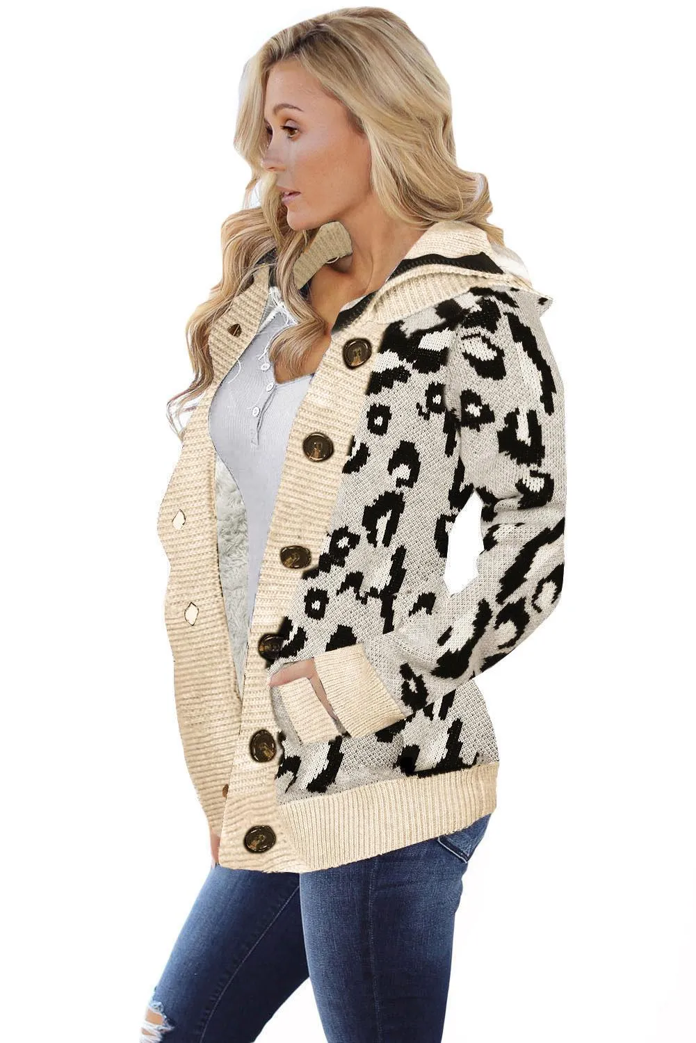 Beige Leopard Print Buttoned Winter Sweater