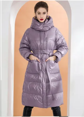 Belted Down Puffer Coat With Detachable Hood