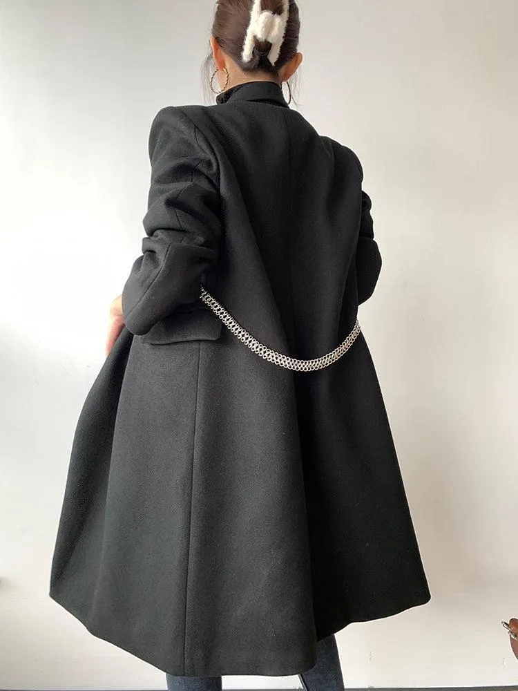 Black Link Double Breasted Chunky Long Wool Coat