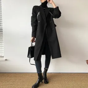 Black Link Double Breasted Chunky Long Wool Coat