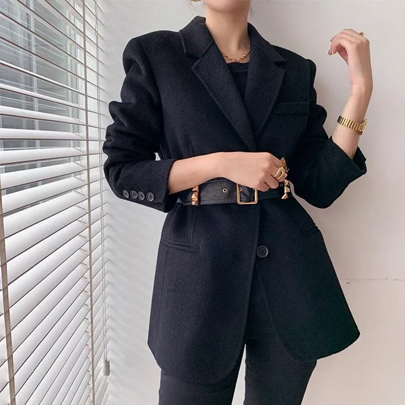 Black Wool Blazer Suit Coat With Belt