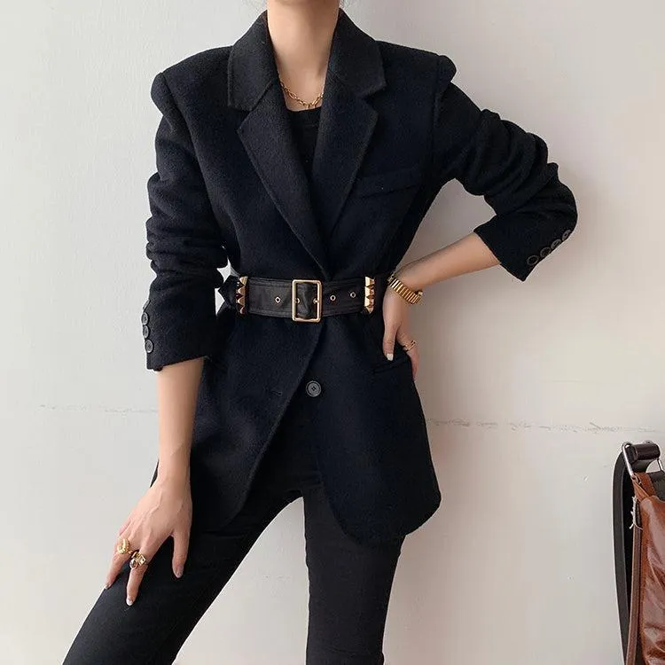 Black Wool Blazer Suit Coat With Belt