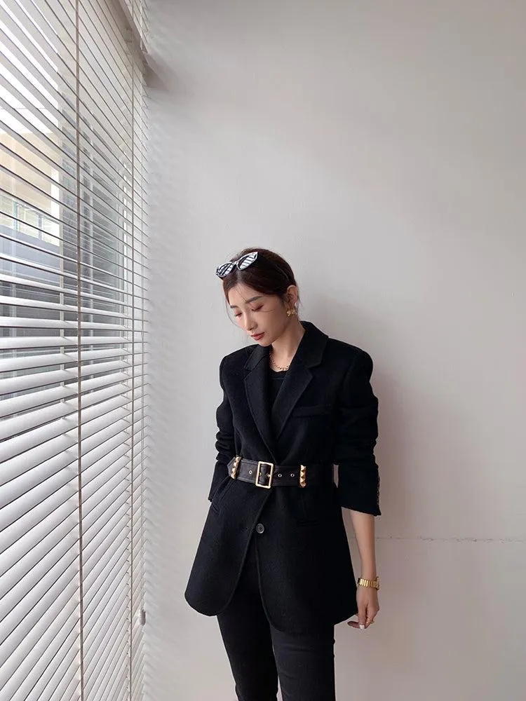 Black Wool Blazer Suit Coat With Belt