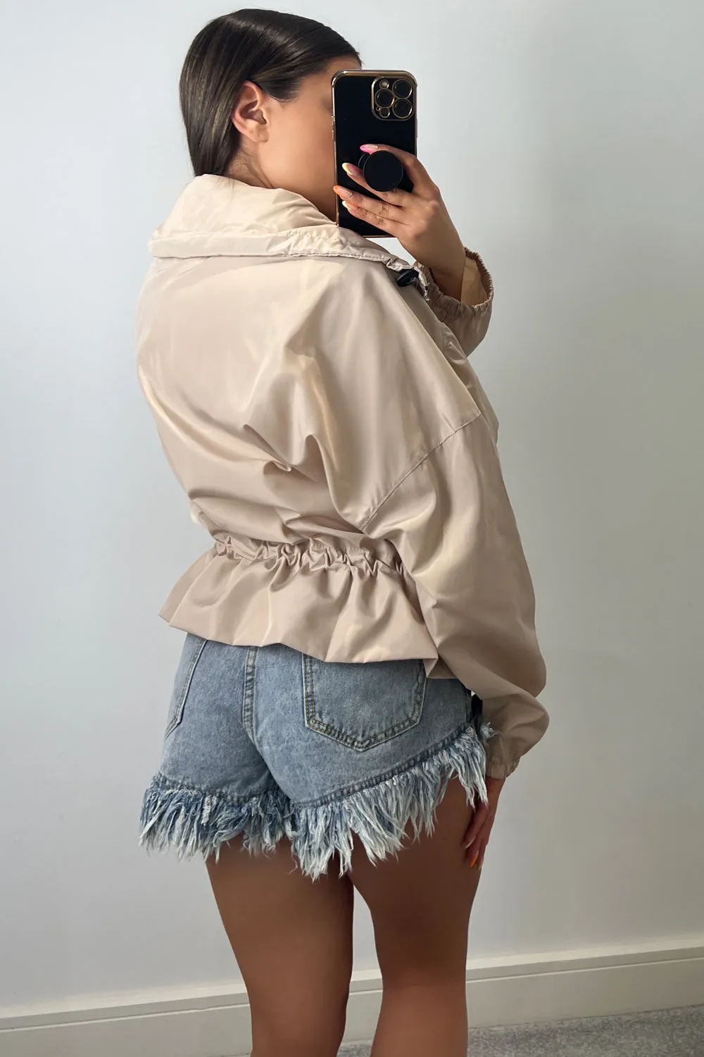 Chelsey Beige Hooded Zip Up Windbreaker Jacket