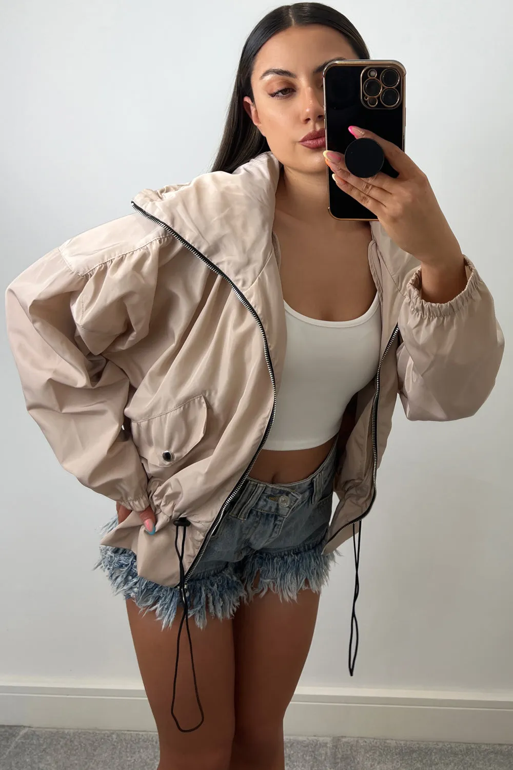 Chelsey Beige Hooded Zip Up Windbreaker Jacket