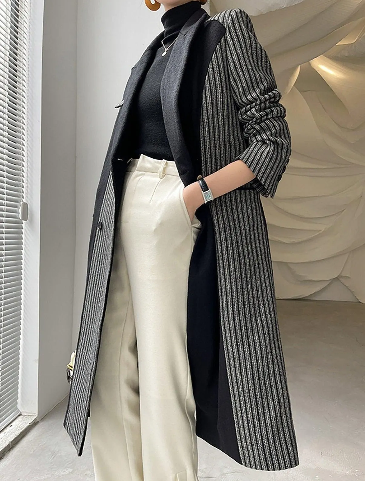 Colorblock Striped Double Breasted Wool Blend Coat