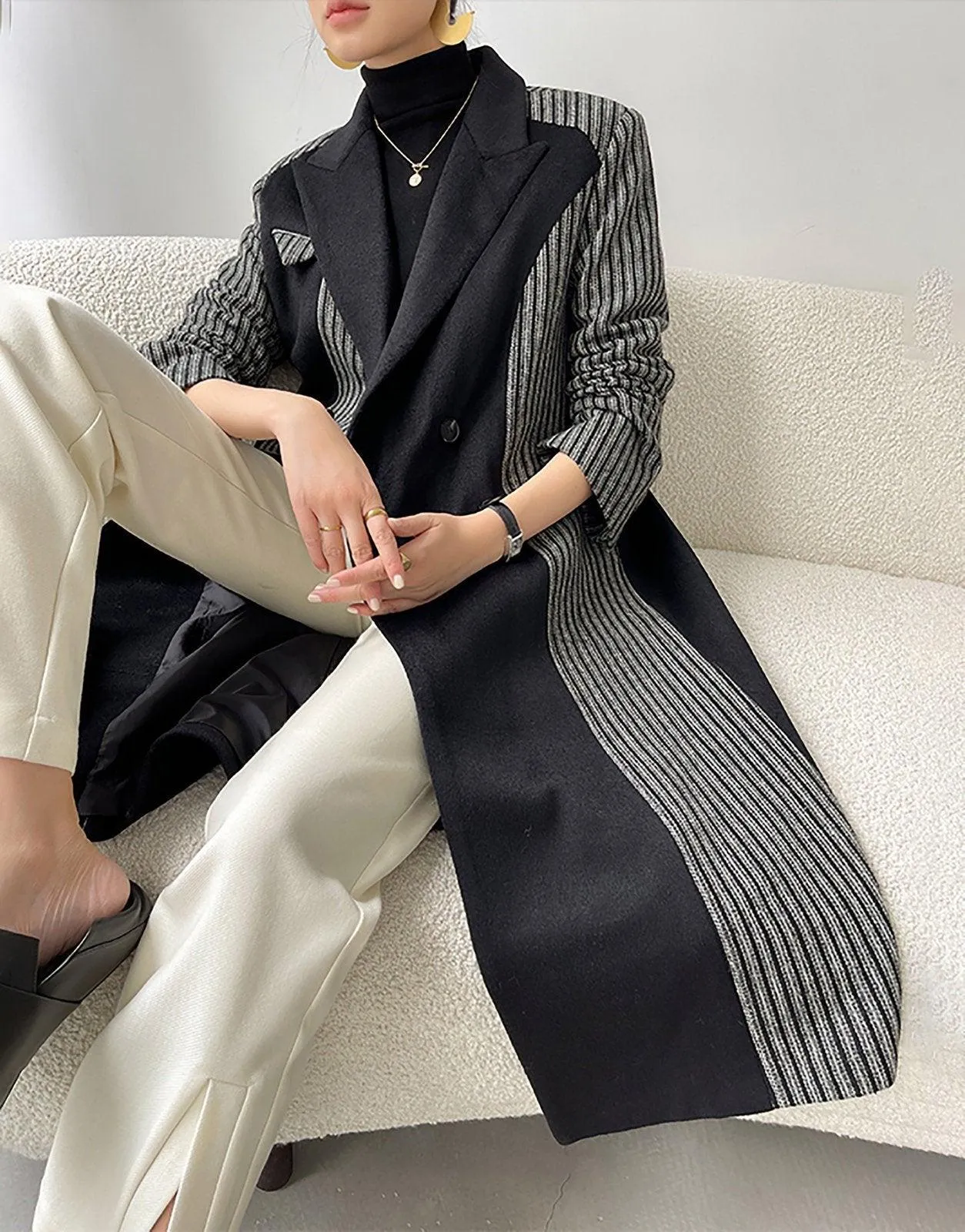 Colorblock Striped Double Breasted Wool Blend Coat