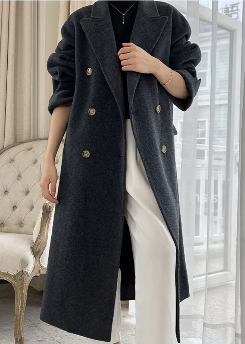 Double Breasted Notched Lapel Wool Long Coat