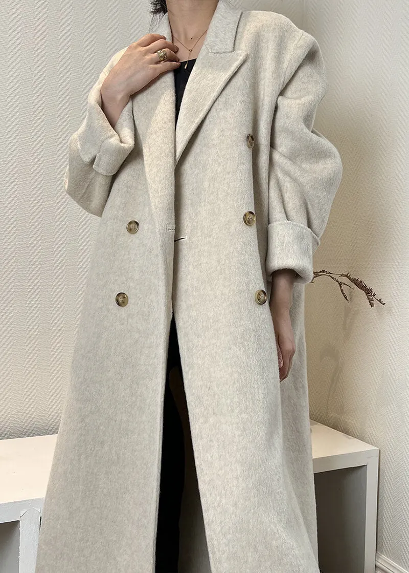 Double Breasted Notched Lapel Wool Long Coat