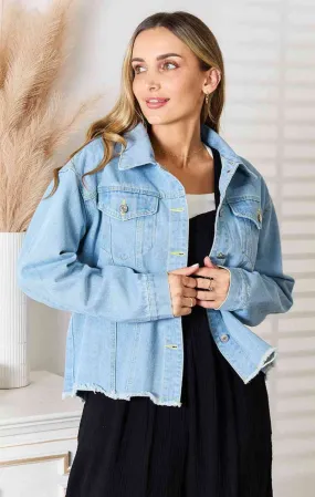 Double Take, Dropped Shoulder Raw Hem Denim Jacket