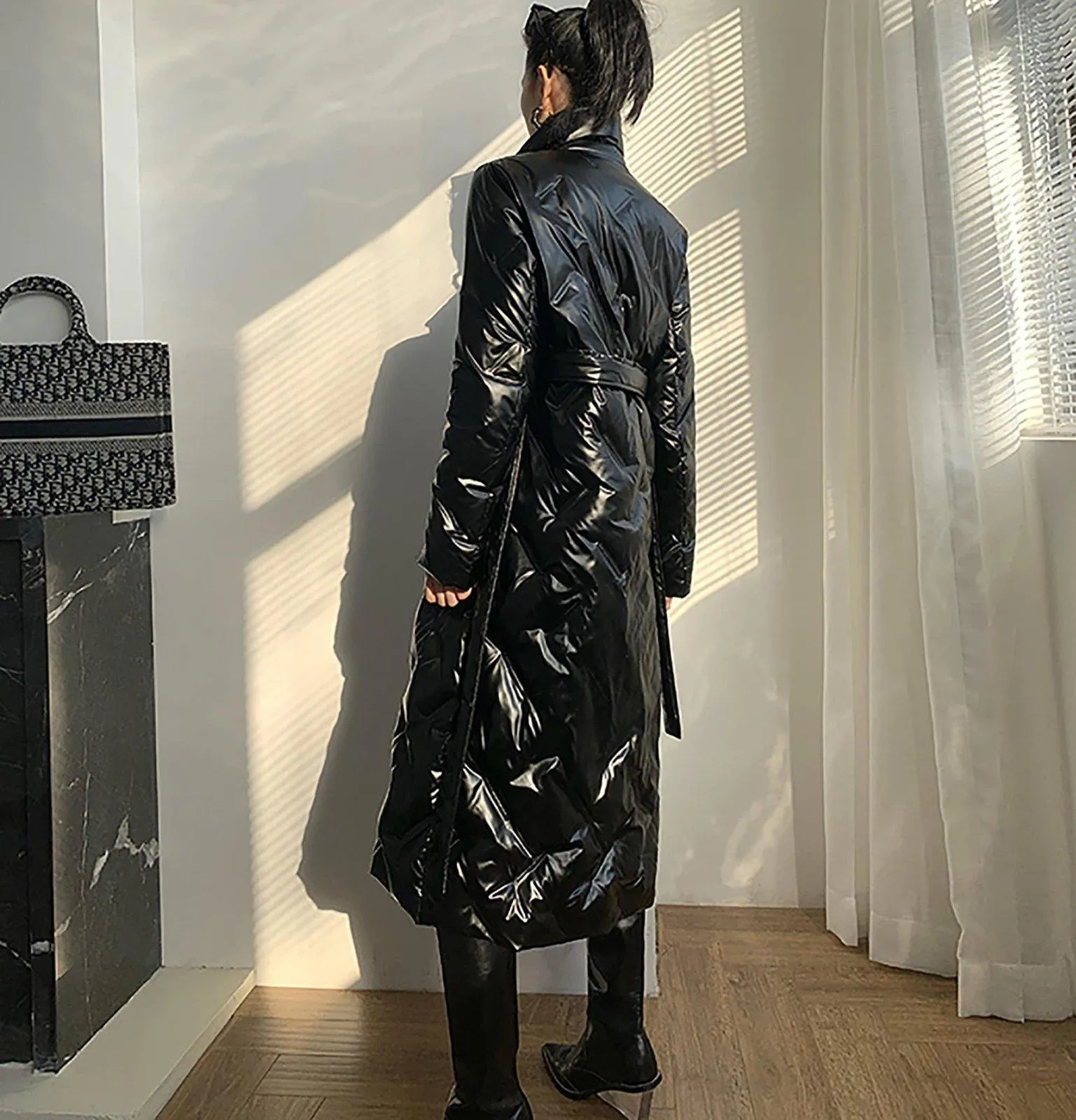 Stylish Glossy Longline Belted Down Puffer Coat