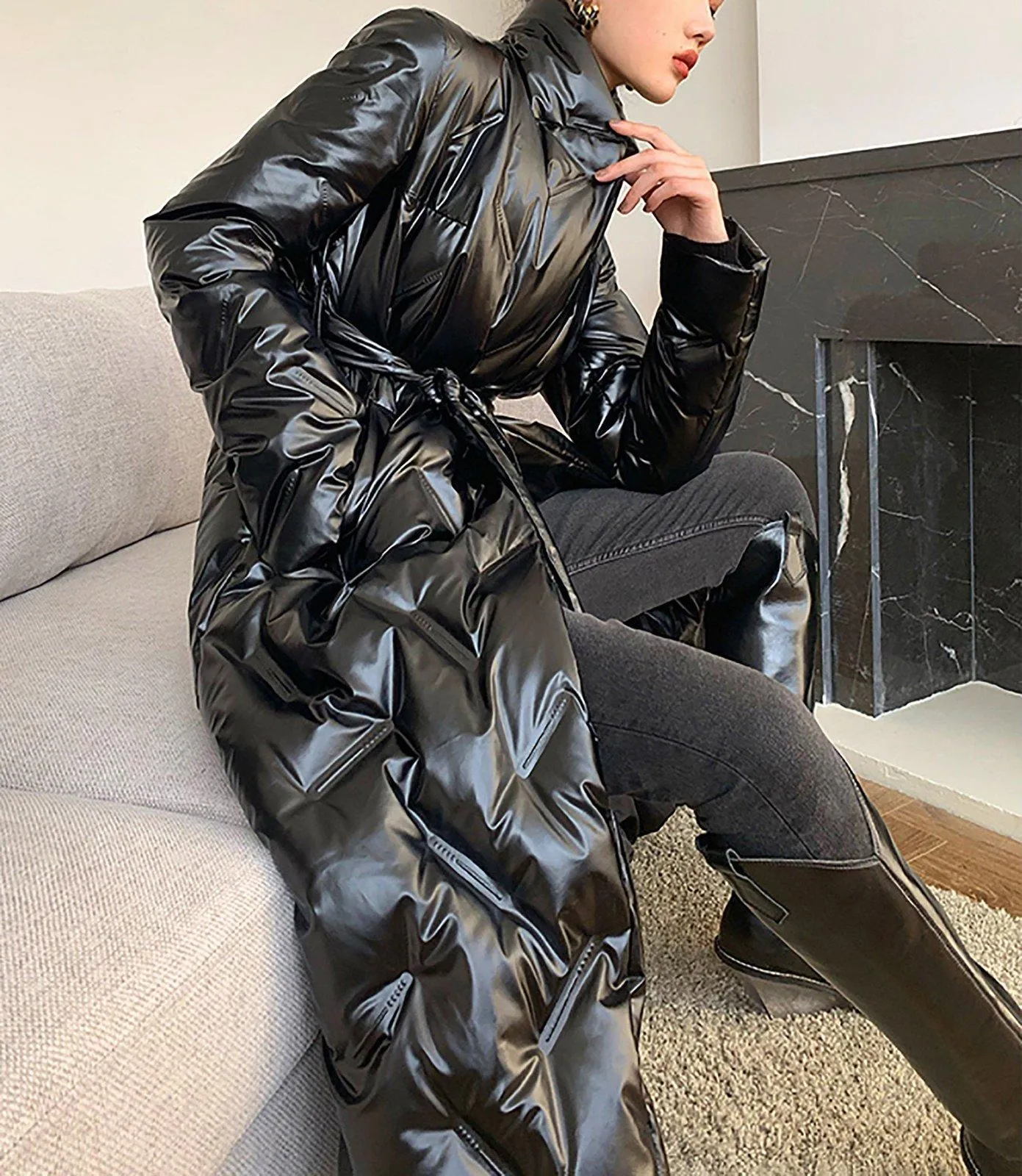 Stylish Glossy Longline Belted Down Puffer Coat