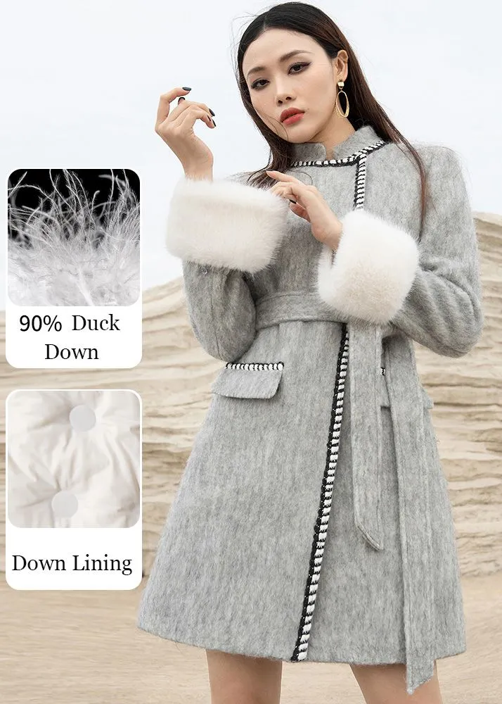 Gray Wool Down Coat Cuffs detachable fox fur