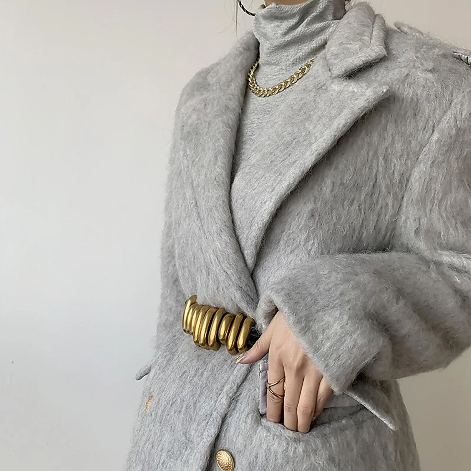 Gray Wool Fleece Long Wool Coat