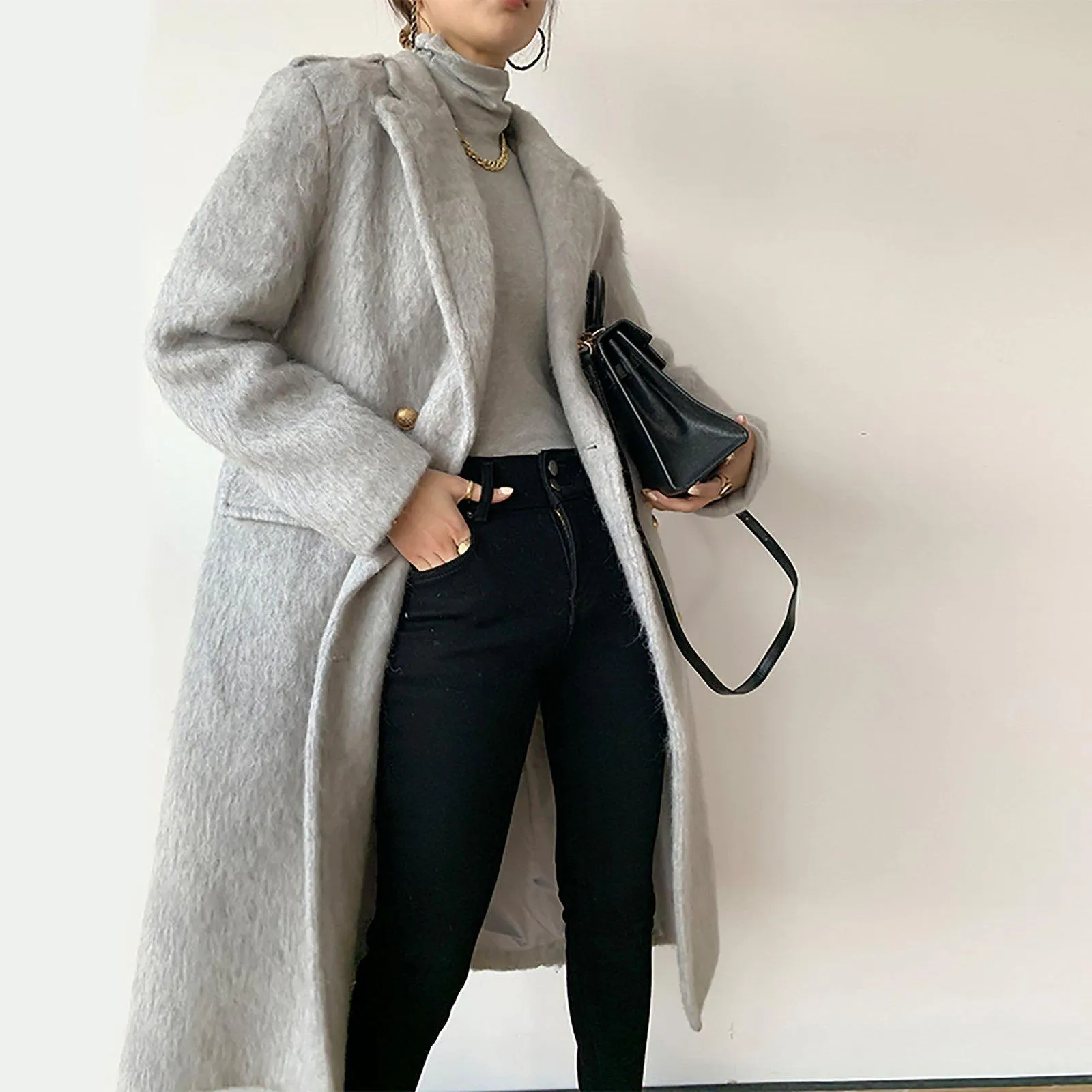 Gray Wool Fleece Long Wool Coat