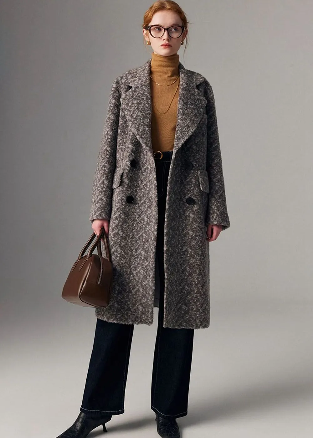 Jacquard Double Breasted Wool Fleece Long Coat