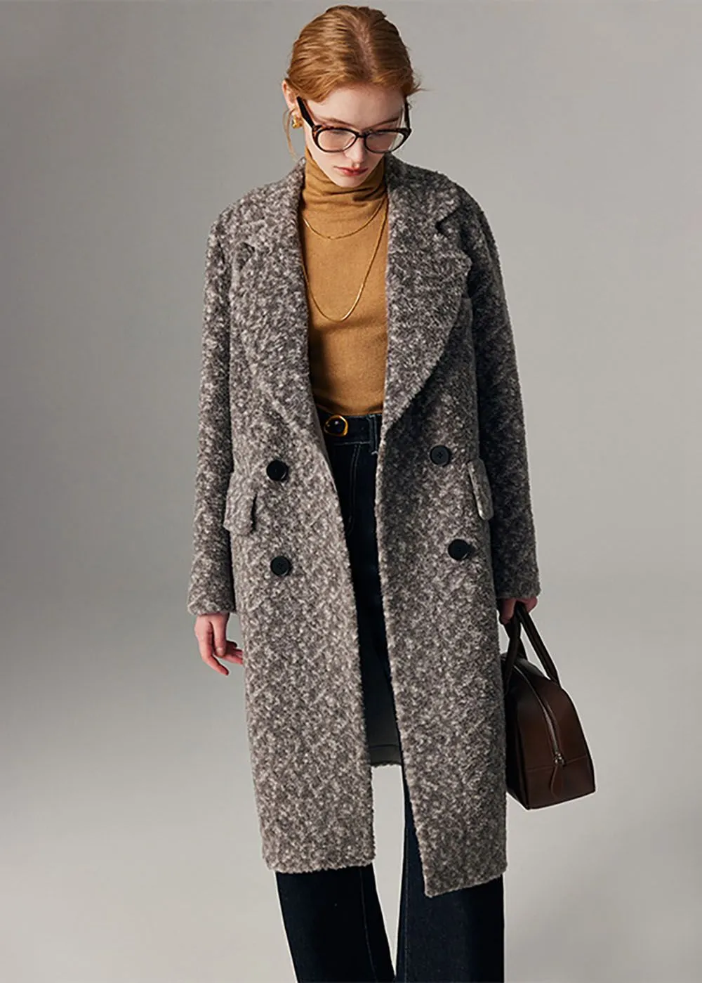 Jacquard Double Breasted Wool Fleece Long Coat