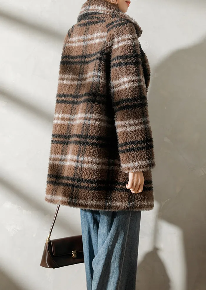 Plaid Pattern Lamb Fur Coat