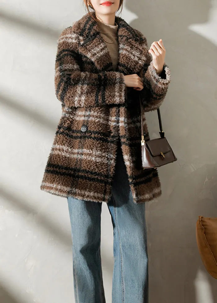 Plaid Pattern Lamb Fur Coat