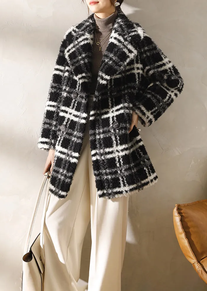 Plaid Pattern Lamb Fur Coat