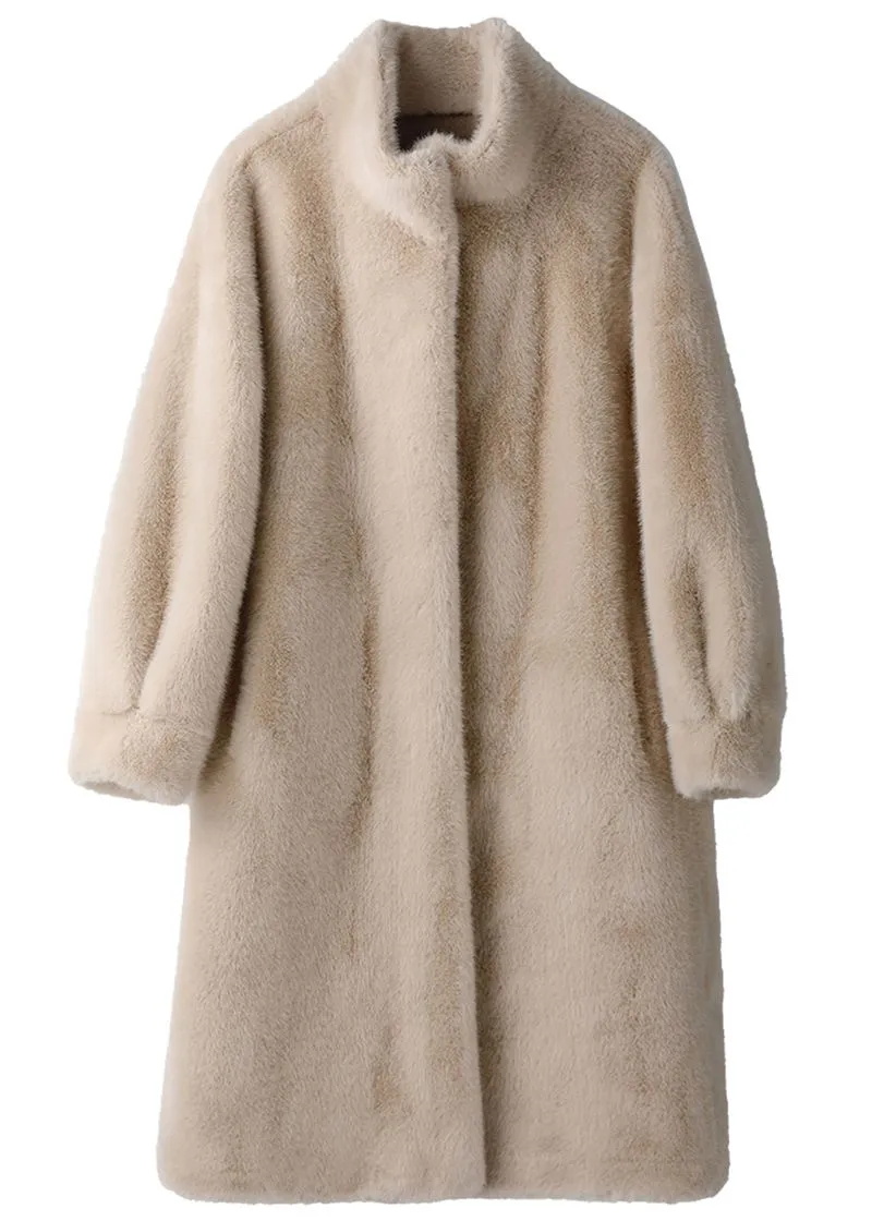 Stand Collar Faux Mink Fur Midi Thick Coat