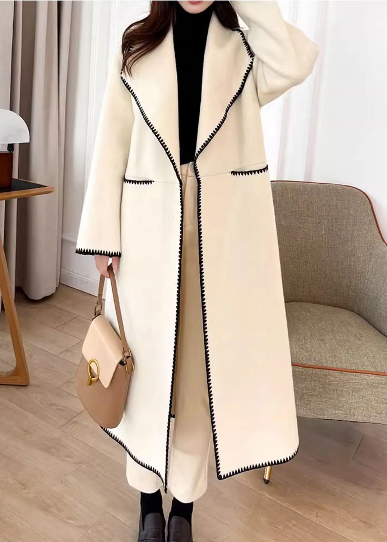 Toothhed Hem Wool Blend Belted Long Coat