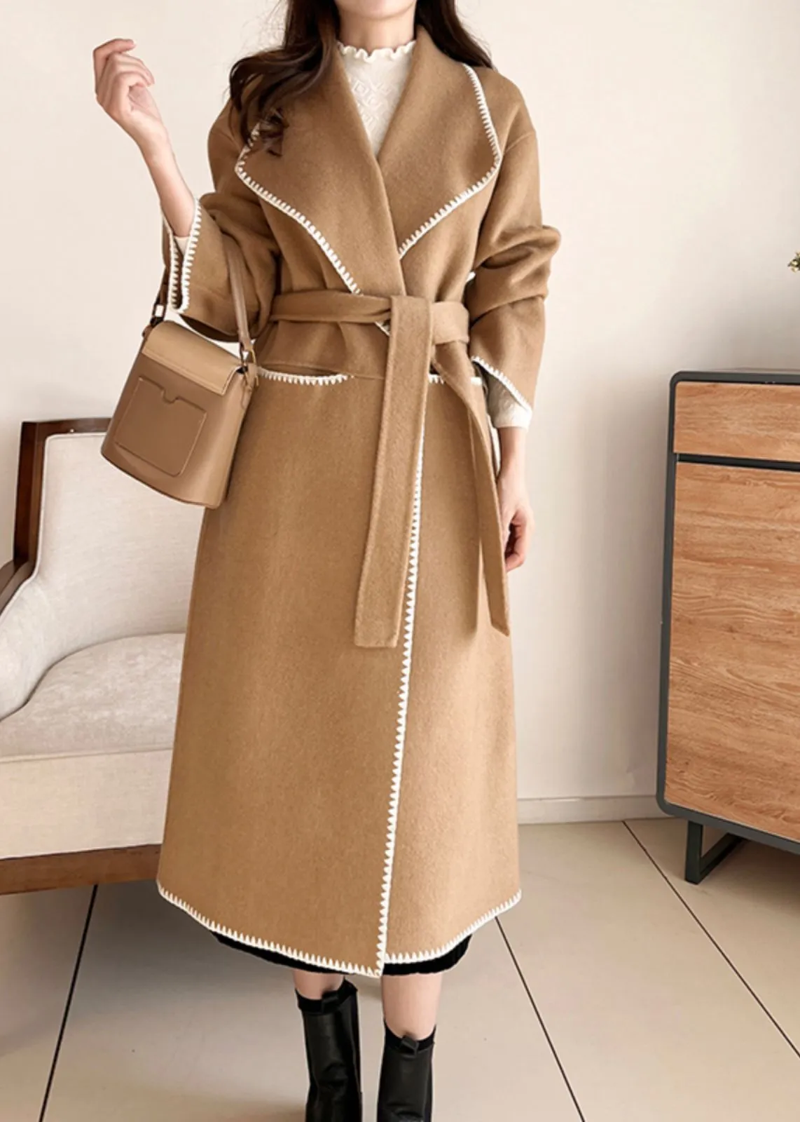 Toothhed Hem Wool Blend Belted Long Coat