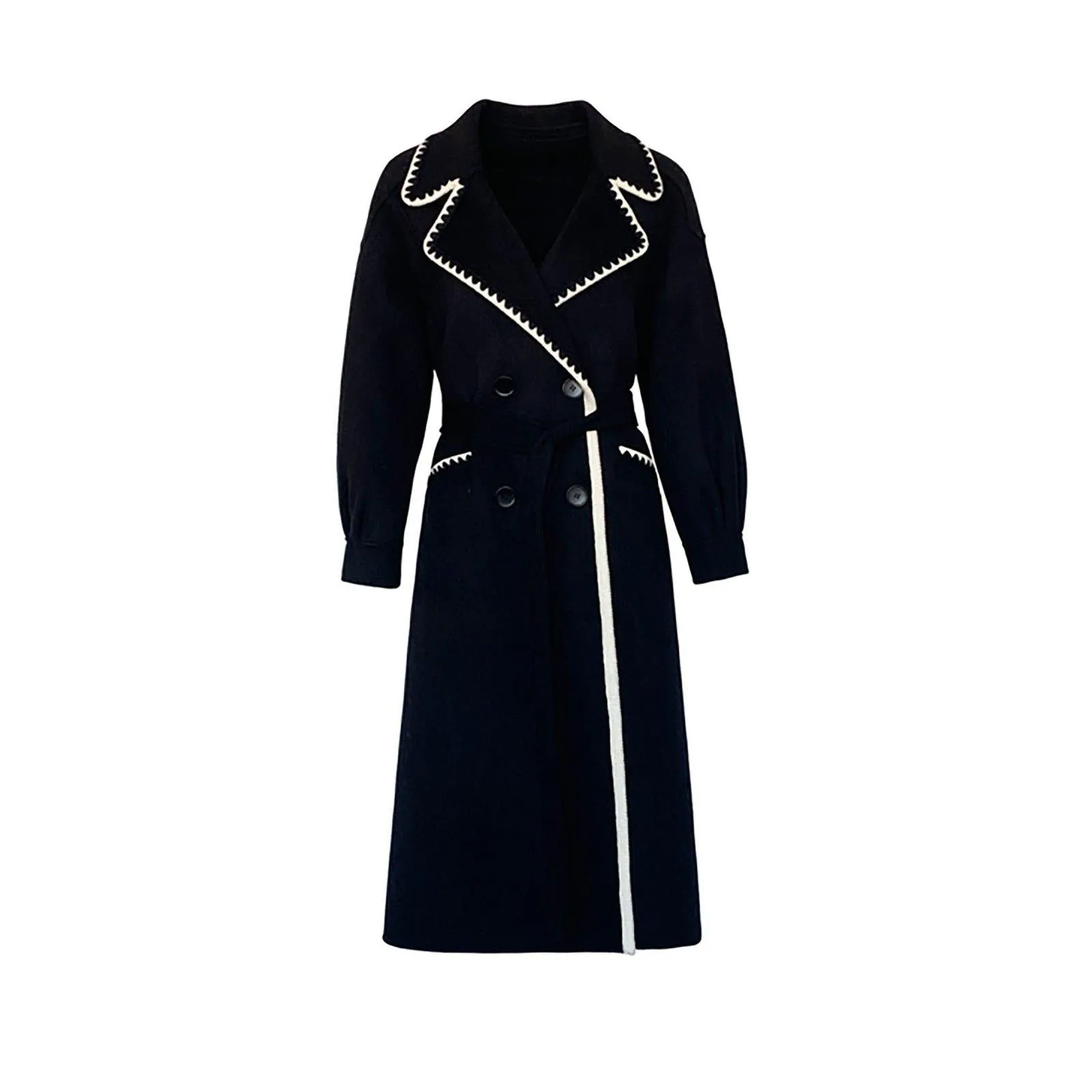 Toothhed Hem Wool Blend Belted Long Coat