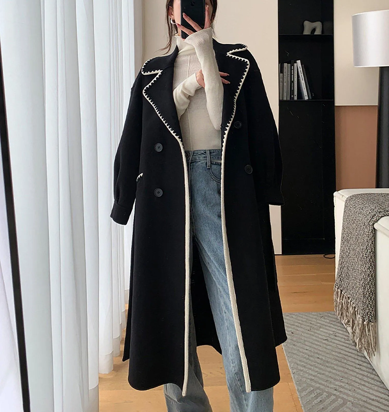 Toothhed Hem Wool Blend Belted Long Coat