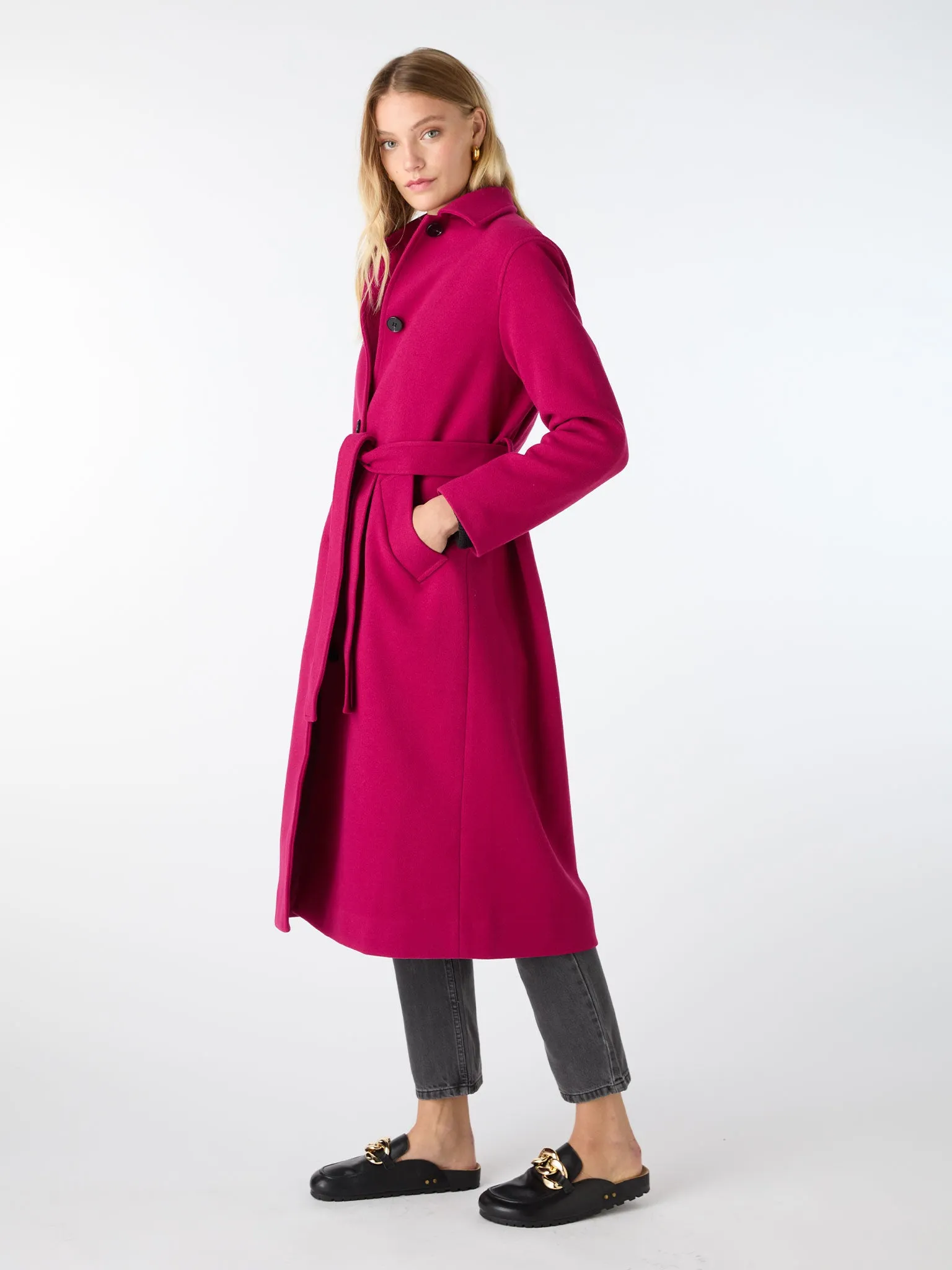 Vienna Single Breasted Belted Coat in Magenta