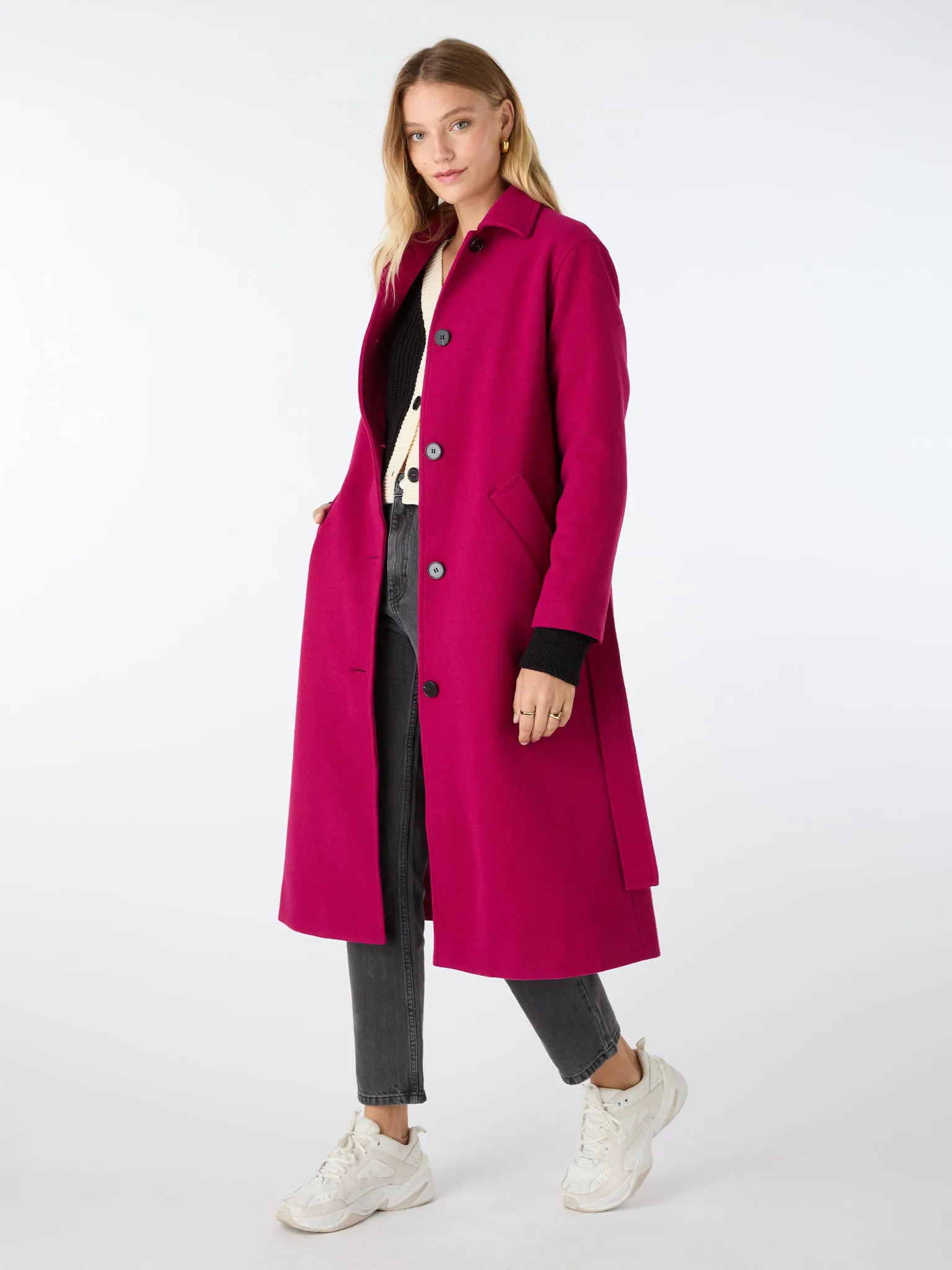 Vienna Single Breasted Belted Coat in Magenta