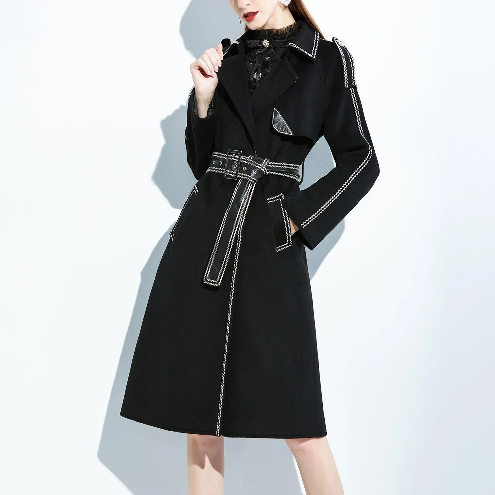 Women Black Long Wool Coat,Belted Leather Wool Overcoat