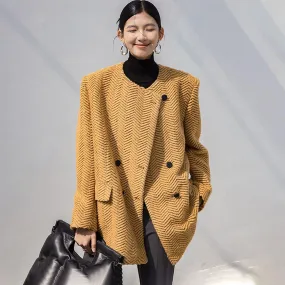 Women Wool Coat,Yellow Cardigan Wool Coat,Collarless Wool Coat,Striped Wool Coat,Autumn Wool Blazer,Winter wool coat,Oversize Wool Jacket