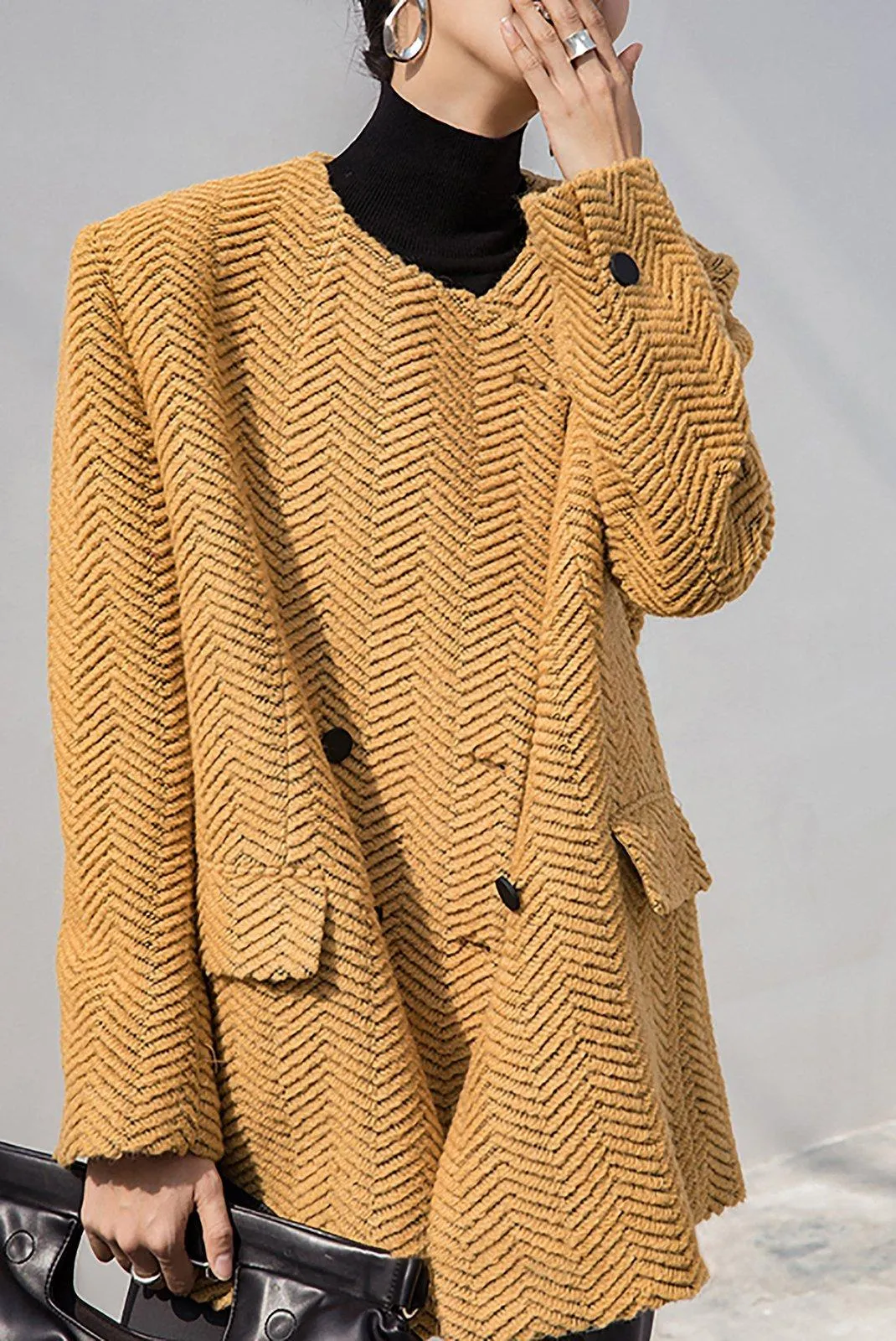 Women Wool Coat,Yellow Cardigan Wool Coat,Collarless Wool Coat,Striped Wool Coat,Autumn Wool Blazer,Winter wool coat,Oversize Wool Jacket