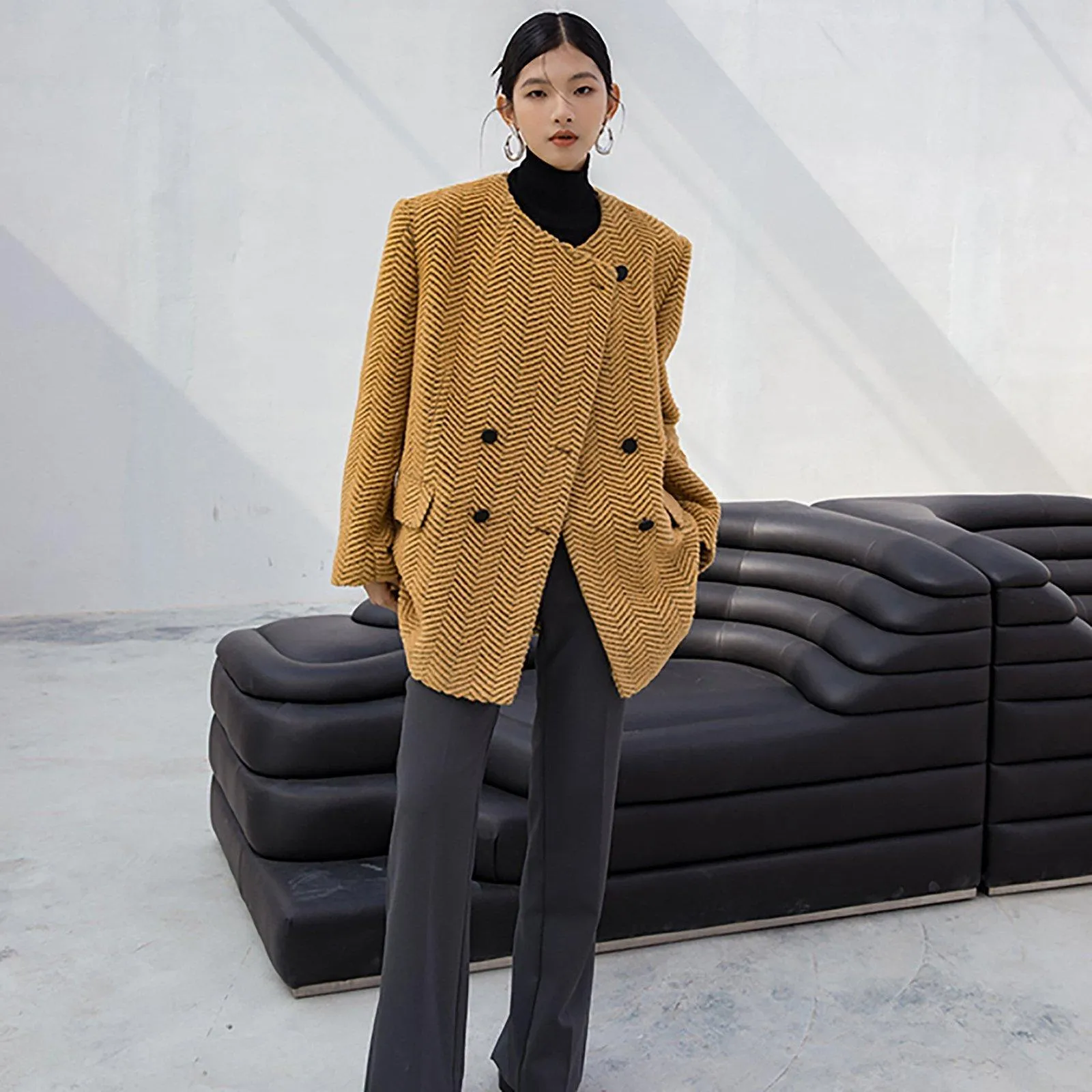 Women Wool Coat,Yellow Cardigan Wool Coat,Collarless Wool Coat,Striped Wool Coat,Autumn Wool Blazer,Winter wool coat,Oversize Wool Jacket