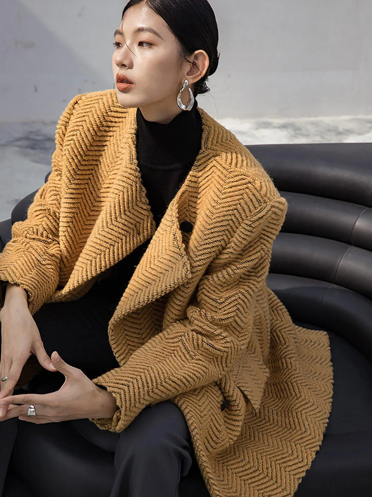 Women Wool Coat,Yellow Cardigan Wool Coat,Collarless Wool Coat,Striped Wool Coat,Autumn Wool Blazer,Winter wool coat,Oversize Wool Jacket