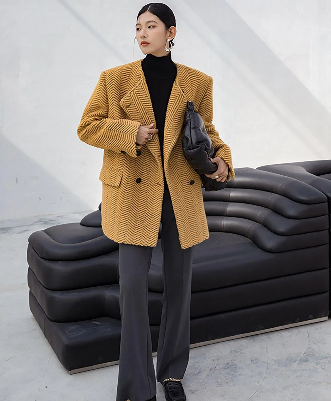 Women Wool Coat,Yellow Cardigan Wool Coat,Collarless Wool Coat,Striped Wool Coat,Autumn Wool Blazer,Winter wool coat,Oversize Wool Jacket