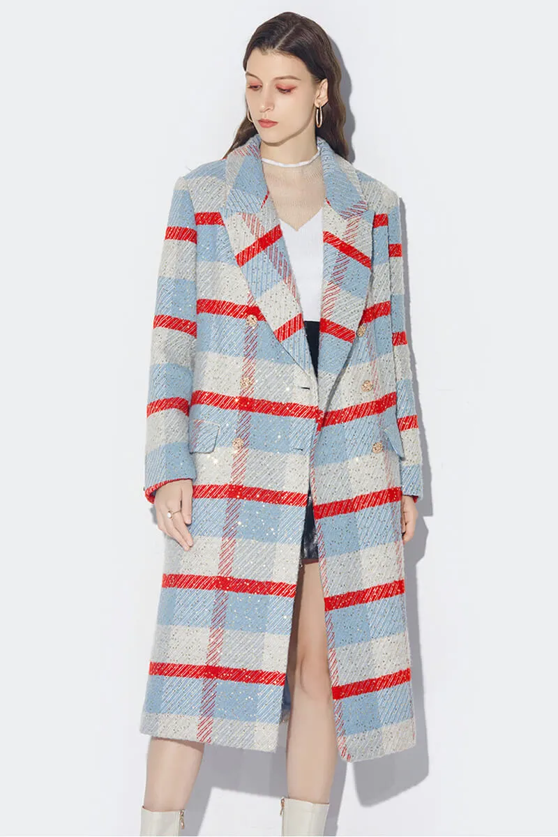 Wool Blend Plaid Sequin Double Breasted Coat