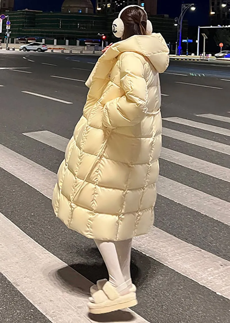 Yellow Hooded Long Down Puffy Coat